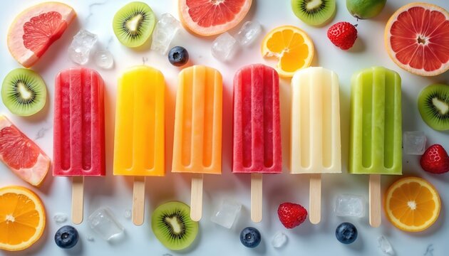 Colorful fruit popsicles arranged on white marble surface. Fresh fruit slices, ice cubes complete refreshing summer treat. Various flavors, vibrant colours, cooling dessert.