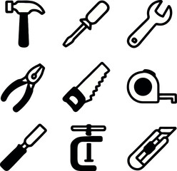 hand tool icon collection. vector set of construction tools like hammer, saw, wrench, tape, screwdriver and pliers in bold outline.