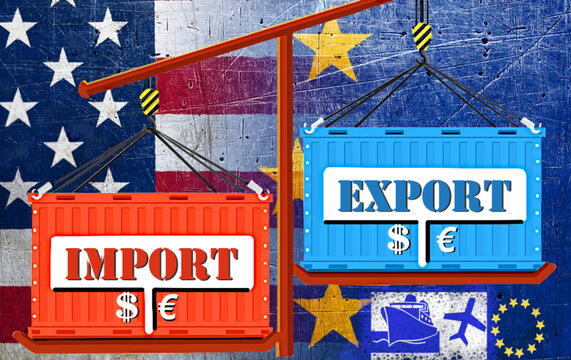 Aranceles, importaciones, exportaciones y balanza comercial con contenedores, euro y dolar y banderas de USA y UE