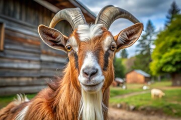 Close-up portrait of a young brown goat with horns in a rural field