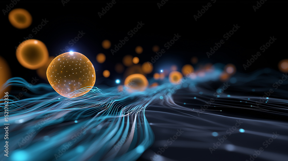 Wall mural abstract visualization of digital data flow with glowing orange spheres and blue lines on a dark bac