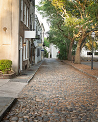 Naklejka premium Cobblestone city street in Charleston, SC in late afternoon