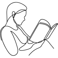 Woman reading book line art illustration. Person engrossed in literature, enjoying a novel or textbook. Simple continuous line drawing perfect for educational posters, book covers, or website design.