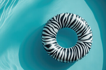 Zebra-print inflatable swim ring floating in clear blue pool water. Minimalistic summer scene, for vacation themes, pool party promotions, leisure designs, fun lifestyle concepts with modern aesthetic