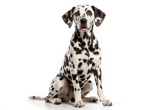Cute purebred Great Dane puppy and adult Dalmatian dog isolated on white background