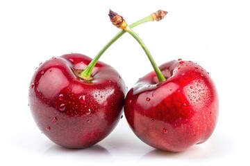 Two ripe red cherries with green stems are isolated on a white background