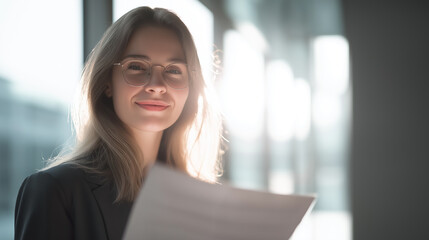 Businesswoman reading documents in a modern office setting, focused and professional.
