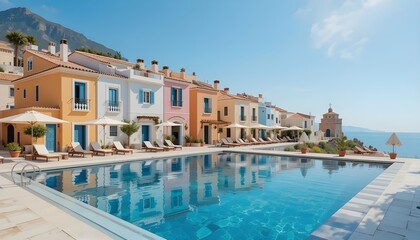 Obraz premium Vibrant Mediterranean Village Scene with Reflecting Pool and Vibrant Houses