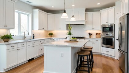Fototapeta premium Stylish shaker kitchen with white cabinets, granite countertops, and stainless steel appliances Island features a breakfast bar and ample storage Perfect for modern homes , style, classic