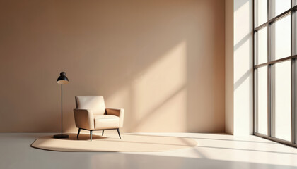 Minimalist interior design with armchair, lamp, window, mocha tone walls. Neutral color palette creates calming atmosphere. Empty room, sunlit space, modern decor, cozy vibe. Ideal for home, office,
