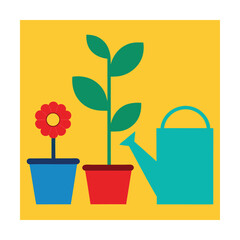 Watering Can with Flower Pots Vector Illustration