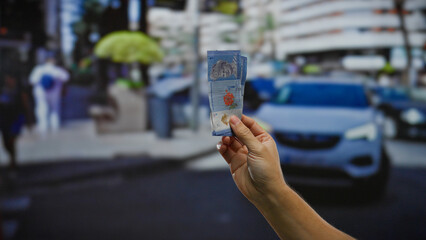 Hand holding malaysian ringgit in urban city street with cars and buildings in background,...