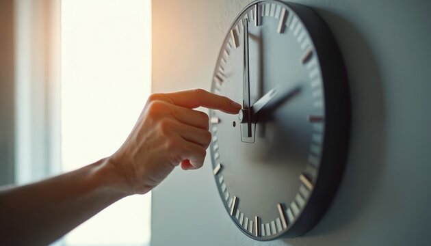 Hand adjusting time on modern wall clock, close-up. Soft daylight from window. Person sets hour time. Time change, time management, seasonal change, clock adjustment concept.