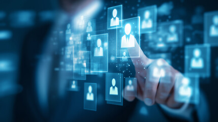 Businessperson interacting with a digital interface to select a virtual human avatar, symbolizing AI and recruitment.
