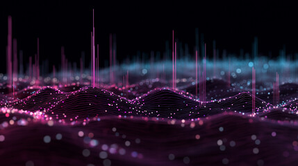 Glowing 3D abstract landscape of pink and blue particles forming digital waves and peaks on a dark background.
