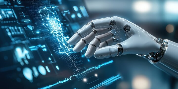 System hardware implementation concept. Futuristic robotic hand interacting with digital interface.