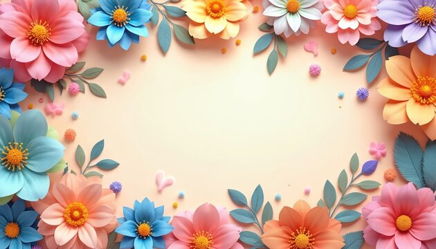 Abstract floral design template with copy space. Artificial flowers with pastel colors, leaves, soft background. Decorative graphic element for invitation, flyer, presentation, modern fashion style.