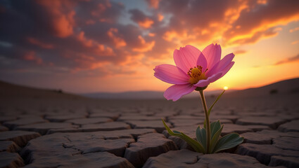 Resilience of a Cosmos Flower: A single pink cosmos flower bravely blooms amidst cracked, dry earth, showcasing its resilience against a vibrant sunset backdrop. 