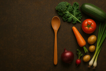 Rustic Freshness: Organic Vegetables and Wooden spoon with fresh organic vegetables on old background with space for texts on the left side
