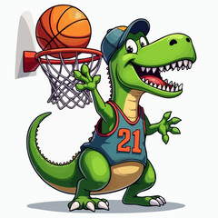 Vector drawing for children, teenager t-shirt. 
Cute green dinosaur boy thrown
basketball ball into ring
isolated on white background. Design for fabric, 
paper, clothing.