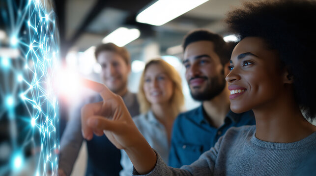 Diverse team of professionals interacting with futuristic digital interface in office.
