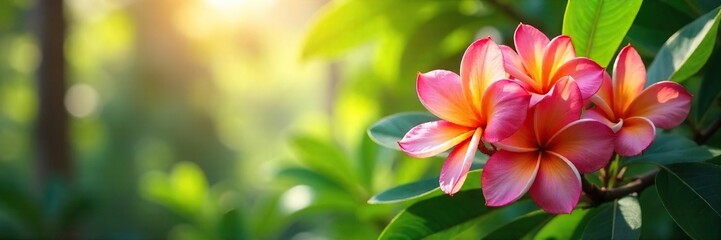 Obraz premium Vibrant frangipani blossoms in full bloom against a backdrop of lush Hawaiian island foliage Sunlight filters through the leaves, creating a tropical paradise scene , tropical, beauty in nature