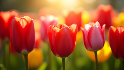 Tulips in Bloom: A vibrant field of tulips blossoms, their petals unfurling in a symphony of color and form, illuminated by the golden embrace of the sun.
