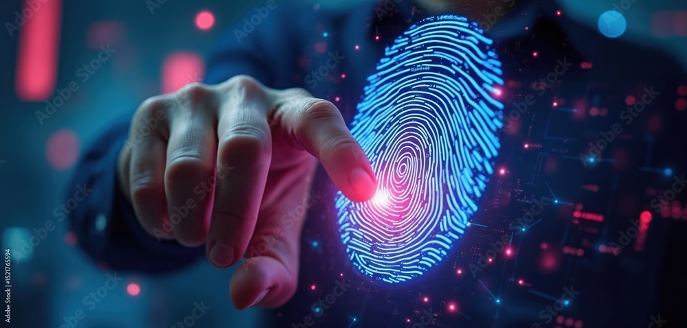 Poster fingerprint identification access personal financial data. digital security, e-kyc biometric tech co