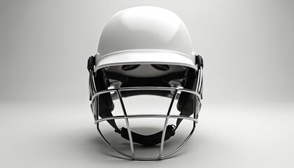 White cricket helmet with black face guard. Head protection for batsman, wicketkeeper. Lightweight strong durable. Cricket equipment for safety during game. Sport gear.