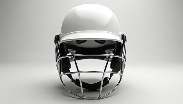 White cricket helmet with black face guard. Head protection for batsman, wicketkeeper. Lightweight strong durable. Cricket equipment for safety during game. Sport gear.