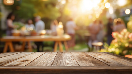 Wooden table with blurred backyard barbecue party and people socializing at sunset.
