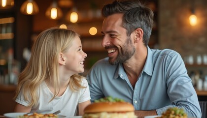Happy father daughter. Family enjoys meal in restaurant. Man, girl smile. Love, bonding. Young, old. Dining together. Eating in eatery. Smiling. Relationship, togetherness. Childhood, parenthood.