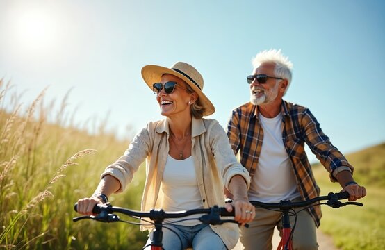 Happy senior couple ride bikes outdoors. Man and woman enjoy sunny day on bikes. Elderly people smile, wearing sunglasses. Happy active mature lifestyle. Retirement vacation in nature.