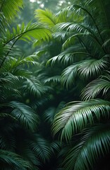 Fototapeta premium Lush green tropical forest. Palm leaves jungle trees, plants, vegetation create nature backdrop. Exotic plant wallpaper. Serene tranquil scene. Tropical nature, eco travel, environmental protection.