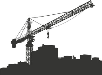 Silhouette of a construction crane looming over a cityscape against a white background space