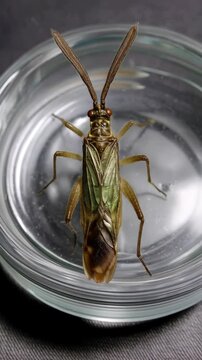 Close up of an iridescent green and brown adult male stilt bug resting in a clear glass jar, insect has long antennae.