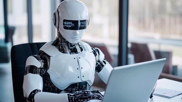 Futuristic Robot Working on Laptop in Modern Office