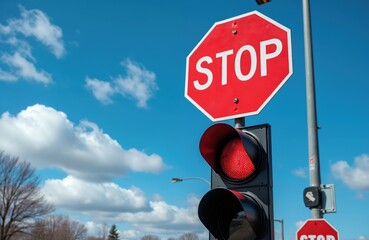Stop sign, red traffic light, blue sky with white clouds at intersection. Urban street, transportation safety concept. Stop sign indicates halt. Warning signal for drivers on road.