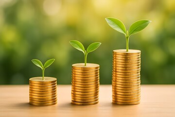 Symbol of investment and economic success with three ascending stacks of coins and green plant sprouts. Financial progress. Money. Investment. Budget. Business. Savings. Charity.