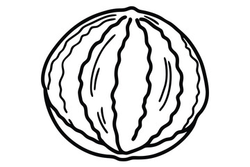 Simple Black and White Illustration of a Whole Striped Melon Isolated