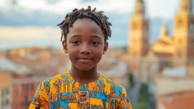 A young boy with dreadlocks is smiling at the camera. He is wearing a colorful shirt with a pattern of buildings on it. The scene takes place in a city with tall buildings in the background