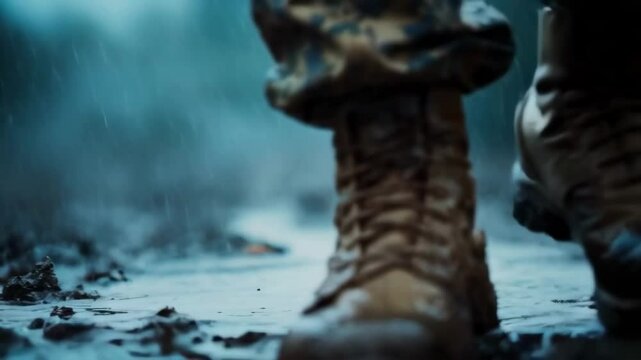 A person's boots are wet from the rain. The boots are brown and have a military design