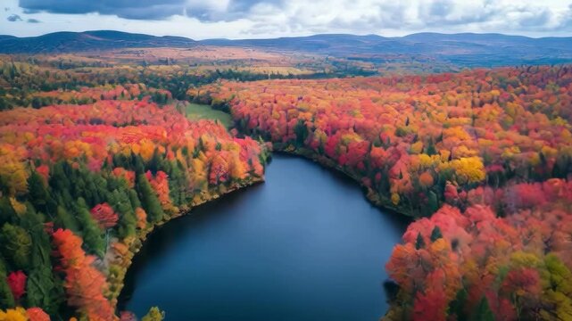 A large lake surrounded by trees with a beautiful orange and red fall foliage. The lake is surrounded by a forest and the trees are in various stages of fall. The sky is cloudy