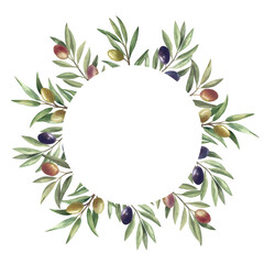 Naklejka premium Round frame with watercolor olive branches and fruits. Hand painted botanical illustration. Template for wedding invitations, greeting cards, packaging.