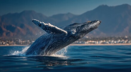 Humpback Whale Breaching Ocean Surface Near Coastline, Showcasing Marine Wildlife Conservation and Environmental Awareness : Generative AI