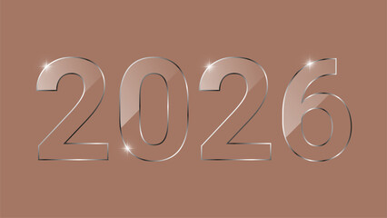 Banner with glass glittering festive transparent number 2026 with silver outline and glare on mocha mousse background. Happy New Year celebration. Vector illustration EPS10