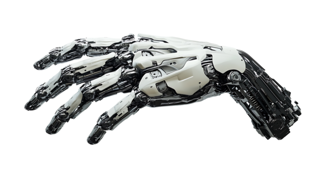 Detailed futuristic robot hand technology illustration isolated on transparent background perfect for science, engineering, and AI themes