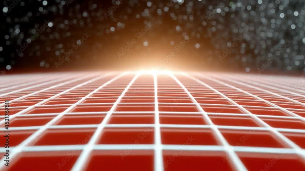Poster Infinite Grid: A mesmerizing perspective, a red grid extends towards a vibrant light, drawing the eye into a universe of endless possibilities. This photo shows creativity and future.
