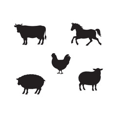 Common Farm Animal Silhouettes: Cows, Horses, Chickens, and Sheep