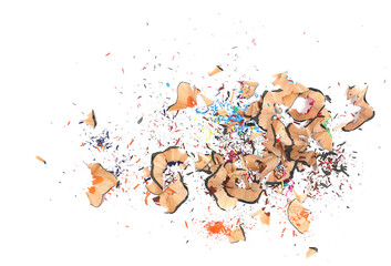 pencil tip shavings from sharpener isolated on white background and texture, top view 